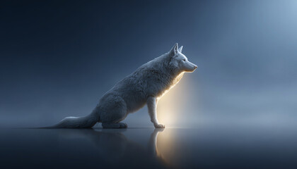 White wolf sitting glowing light mystical foggy night reflection serene fantasy animal