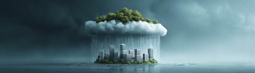 Powerful storm cloud with lush green trees rains over modern city, symbolizing nature reclaiming urban landscape