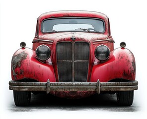 Front view of a vintage red car with rust and weathered paint showing signs of age and history