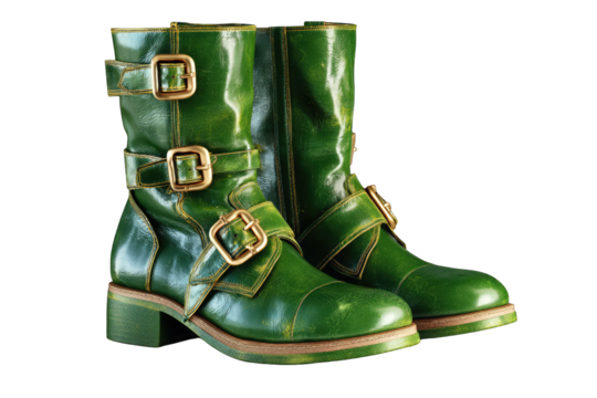 A pair of vibrant green leather boots with gold buckles, showcased against a black background. The boots feature a slightly chunky heel and double buckle straps