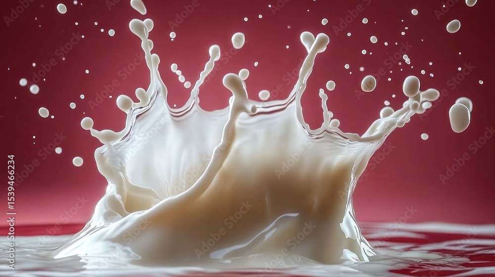 Poster close-up of white creamy liquid splash with droplets spreading out against a smooth red background c