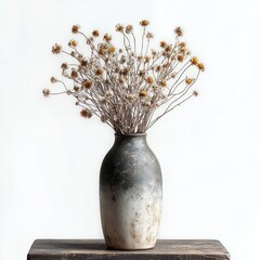 Rustic ceramic vase holding a bouquet of dried yellow and white flowers with thin stems on a wooden surface against a plain white background