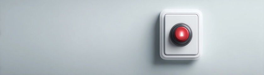 Red alert button on clean white wall, emergency switch with modern design, safety concept.