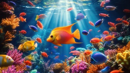 Colorful tropical fish swimming around vibrant coral reef with sun rays penetrating clear blue ocean water creating a serene underwater scene