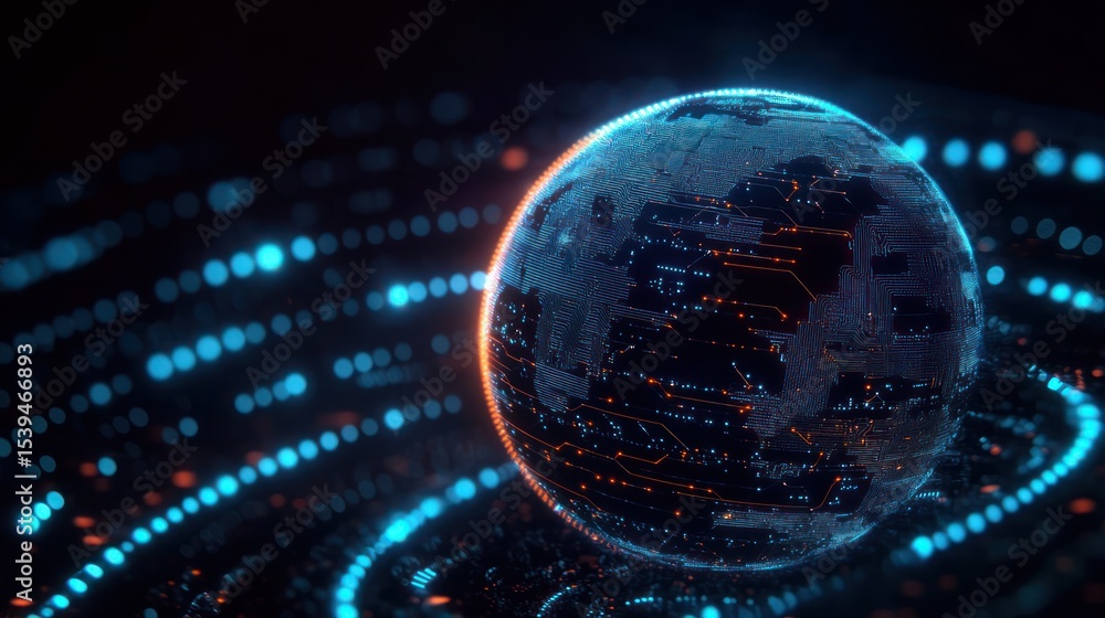Poster glowing digital spherical globe with circuit-like patterns surrounded by neon blue and orange light 