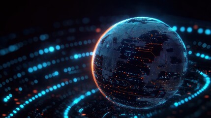 Obraz premium Glowing digital spherical globe with circuit-like patterns surrounded by neon blue and orange light particles conveying futuristic technology and connectivity