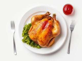 Roasted chicken on a plate with lettuce,  ketchup and cutlery