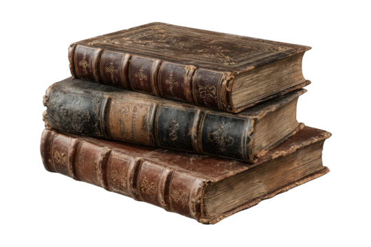 A stack of three antique books with worn leather bindings and aged, gilded detailing. The books show significant signs of age and wear, suggesting a rich history