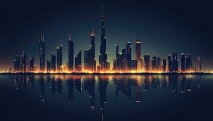 Obraz premium Night cityscape, modern architecture, reflected in water