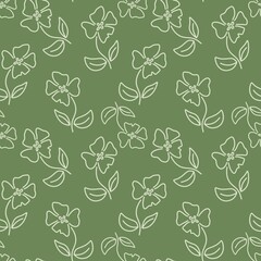 Fototapeta premium Floral Seamless Pattern with Outlined Flowers and Leaves. Olive Botanical Garden Blossoms Doodle Pattern Print Motif. 