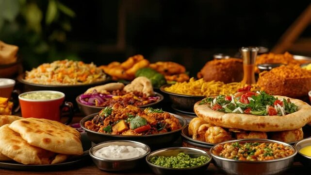 Indian food naan bread curry rice side dish vegetable sauce bowl plate vibrant colors rich textures traditional cuisine spicy lentils herbs chutney vegetarian meal served wooden table warm setting