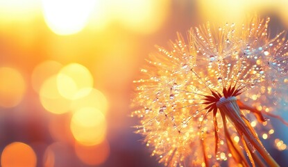 Close-up of a dandelion seed head with dew drops, bathed in warm sunset light