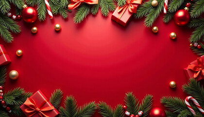 Festive Christmas Border Design Red Background with Gifts, Ornaments, and Evergreen Branches