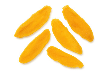 Five slices of dried mango isolated on a transparent background, ideal for food packaging or advertising