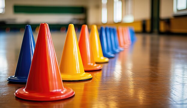 Colorful plastic cones in a row on a wooden floor indoors - Powered by Adobe