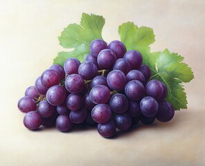 Fototapeta premium Close-up of a bunch of ripe purple grapes with water droplets and green leaves on a light background, evoking freshness and natural abundance