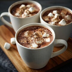 Three mugs of hot chocolate topped with marshmallows rest on a wooden board. The foreground mug is slightly closer to the viewer.  A few stray marshmallows sit on the board