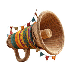  stylized megaphone, predominantly light brown, with intricate weaving patterns reminiscent of straw or wickerwork AI-generated transparent PNG