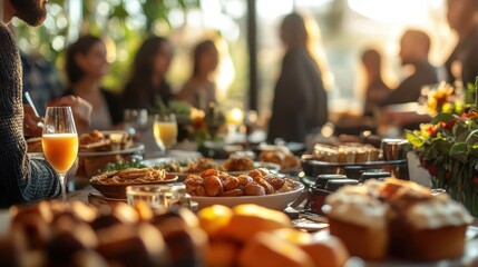 A cozy gathering with people enjoying a bright brunch spread featuring pastries, orange juice, fresh fruits, and warm sunlight creating a cheerful atmosphere