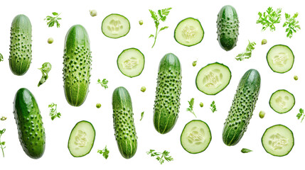 Fresh cucumbers sliced and whole Transparent background, PNG