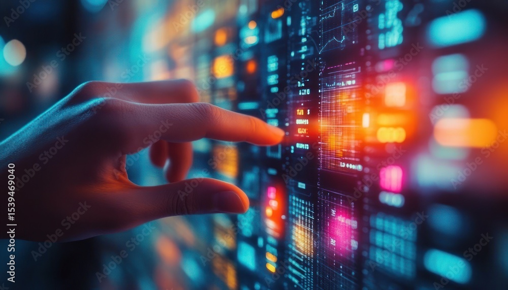 Poster close-up of a hand interacting with a vibrant, glowing digital interface filled with charts and data