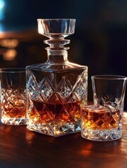 Elegant cut crystal decanter filled with amber liquid and two matching glasses on wooden surface with warm lighting creating a cozy atmosphere