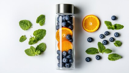 Clear glass water bottle filled with fresh blueberries, orange slices, and mint leaves on a white background