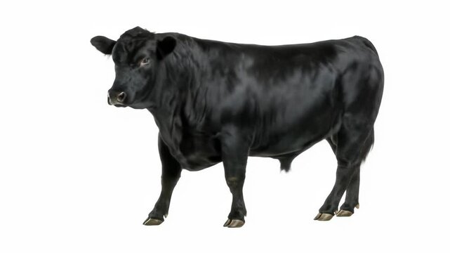 Realistic Black Angus Cow Standing in Profile on White Background | AI Generated Video, Studio Shot, Livestock, Farming, Agriculture Concept.