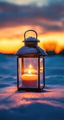 Snowy lantern with candle, warm sunset