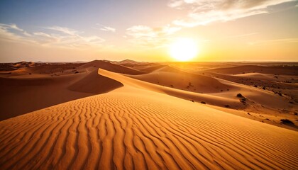 Desert sunset with sand dunes landscape.