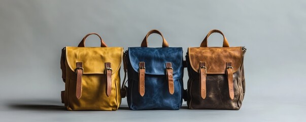 Three colorful backpacks in a studio setting