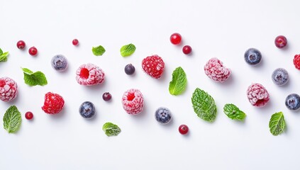 Frozen mixed berries and mint leaves arranged in a horizontal line on a white surface