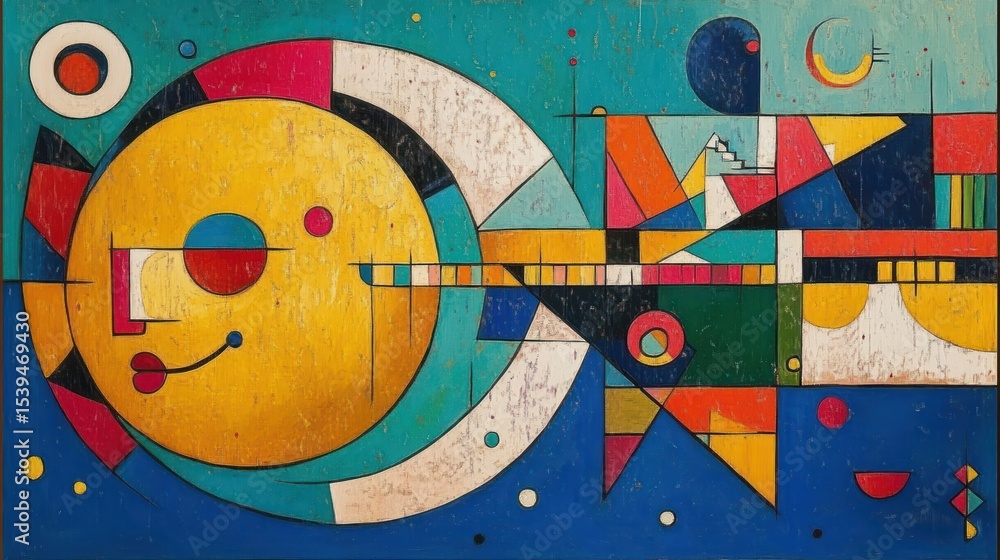 Poster abstract geometric composition featuring a large yellow circle with facial features, intersecting co