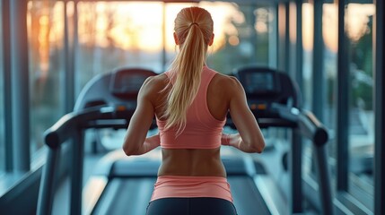 Athletic woman with long hair tied back running on treadmill in a spacious gym at sunrise or sunset with large windows and city view