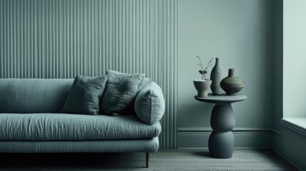 Teal-toned living room with a simple sofa and accent table.