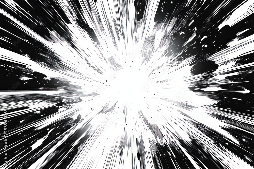 Poster dynamic black and white radial explosion or burst with streaks and splatters radiating outward creat