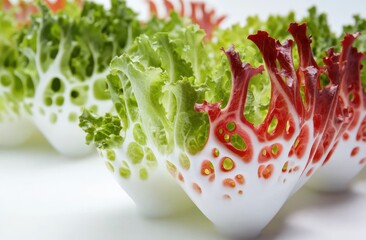 Close-up of sculpted lettuce, red and green leaves, intricate white design