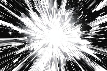 Dynamic black and white radial explosion or burst with streaks and splatters radiating outward creating a high contrast dramatic visual effect