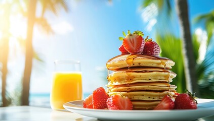 Stacked pancakes, strawberries, and orange juice on a beach table