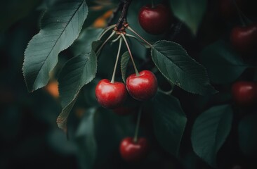Close-up of ripe cherries on a tree branch. Lush green leaves surround the fruit