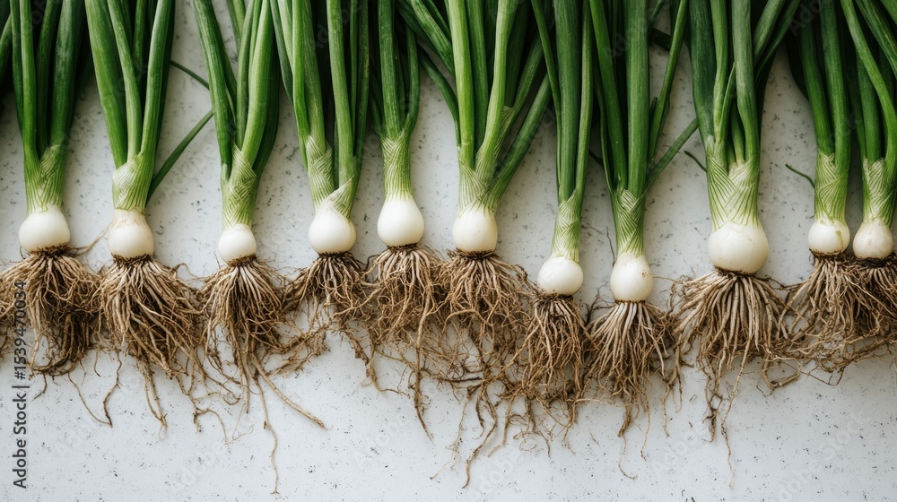 Poster fresh green onions with roots in a row on a light surface.