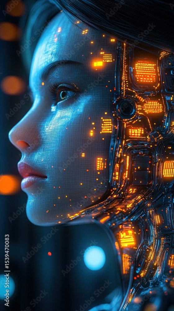 Poster close-up profile of a futuristic human-like android with illuminated circuit patterns and glowing or
