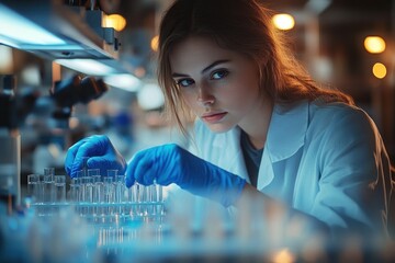 Focused female scientist in a laboratory carefully handling test tubes with blue gloves under soft ambient lighting