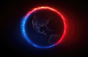 Fototapeta premium Earth encircled by fiery, glowing rings of red and blue light