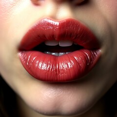 Obraz premium close-up of a woman's lips showcasing a striking bold lipstick color, with soft lighting enhancing the richness of the shade, glamorous look