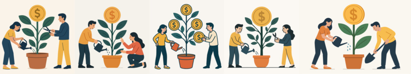 Vector Set men and women care for the money tree