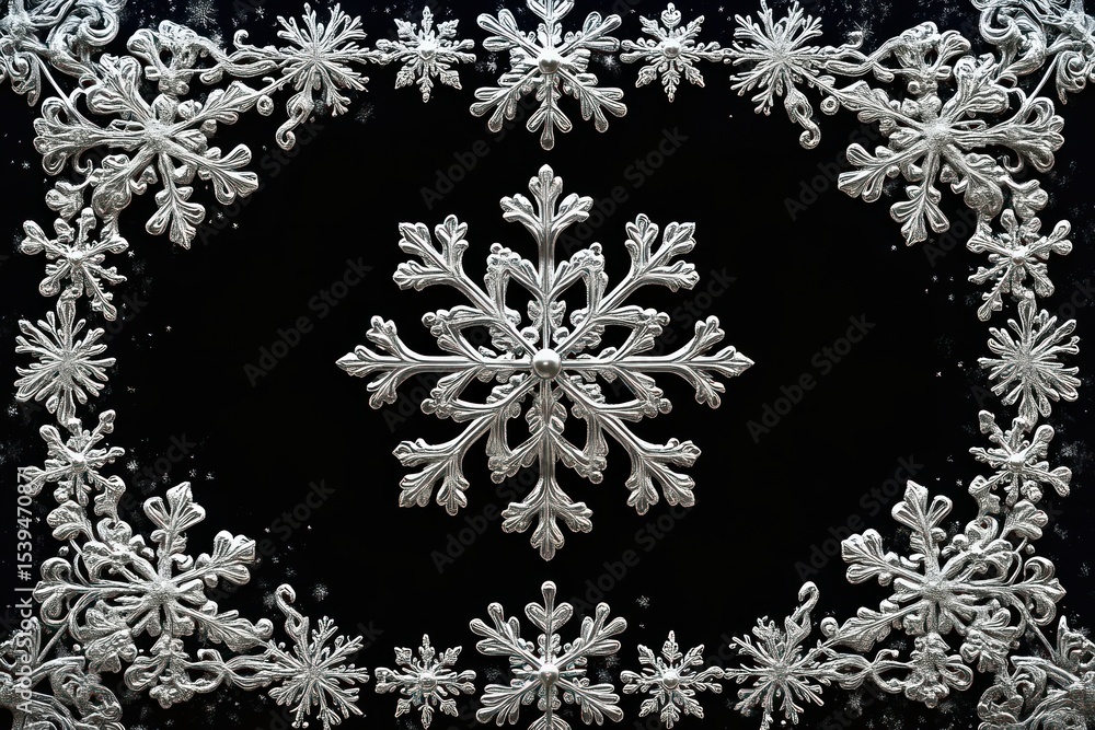 Poster intricate silver snowflake ornaments arranged in a circular pattern on a black background creating a