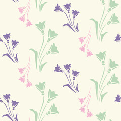 Seamless Floral Pattern with Green, Purple, and Pink Flowers on Light Background