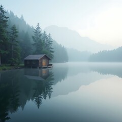 Fototapeta premium Cabin on Lake Reflecting Foggy Landscape in Calm Waters