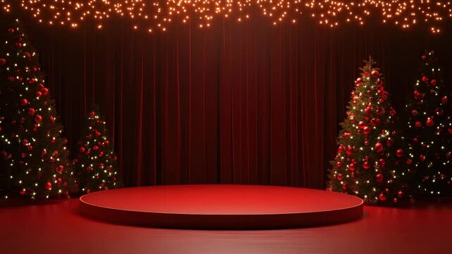 Christmas tree red stage holiday decoration festive lights dark background celebration atmosphere illuminated ornaments glowing winter seasonal decor warm glowing string lights baubles festive